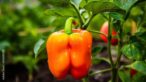 orange pepper growing in a vegetable garden. Selective focus.
