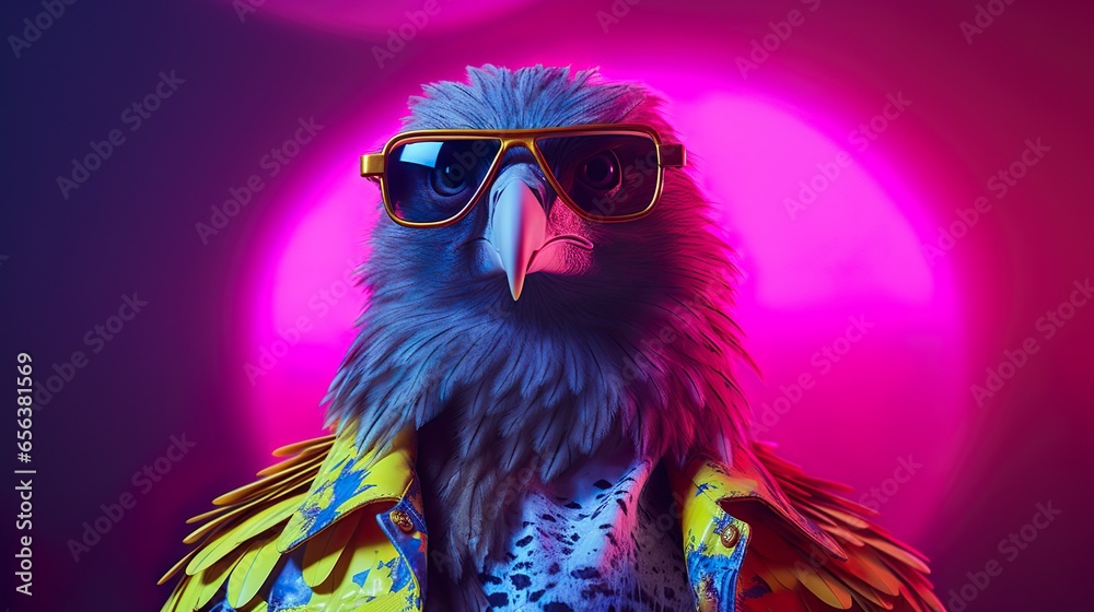 Naklejka premium Quail in Yellow leather jacket on a electric gradient background.