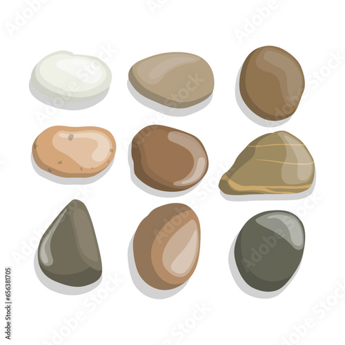 Vector illustration set of colorful pebbles in flat style. Small stones creative element in cartoon design. Beach, river, spa, garden smooth rocks. Modern calm and zen ilustration