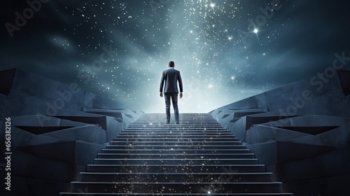 ambitions concept: determined businessman climbing stairs towards success and achievement photo