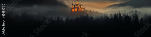 a long narrow panoramic view of the night forest in the mountains and a glowing fairy-tale castle in the fog, a fairy tale of old Europe © kichigin19