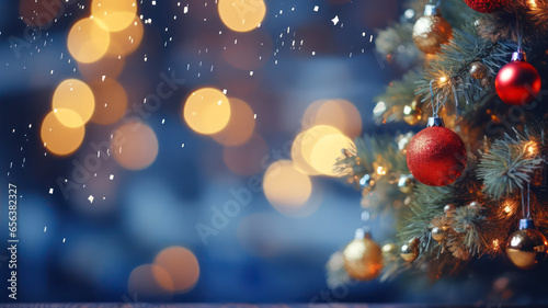 Christmas and New Year background with Christmas tree and bokeh lights