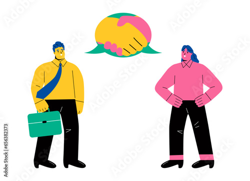 Handshake of business partners. Colleagues, man and woman, shaking hands, making deal, agreeing. Flat vector illustration isolated on white background