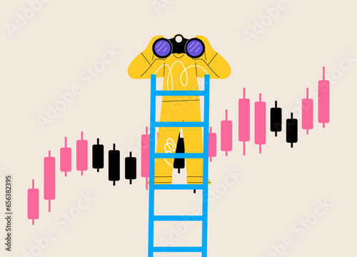 Man looks from a stepladder through binoculars at a Forex chart. Colorful vector illustration