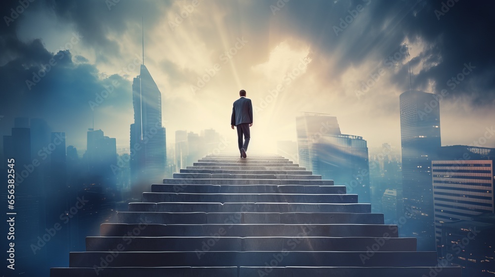 ambitions concept: determined businessman climbing stairs towards success and achievement - obrazy, fototapety, plakaty 