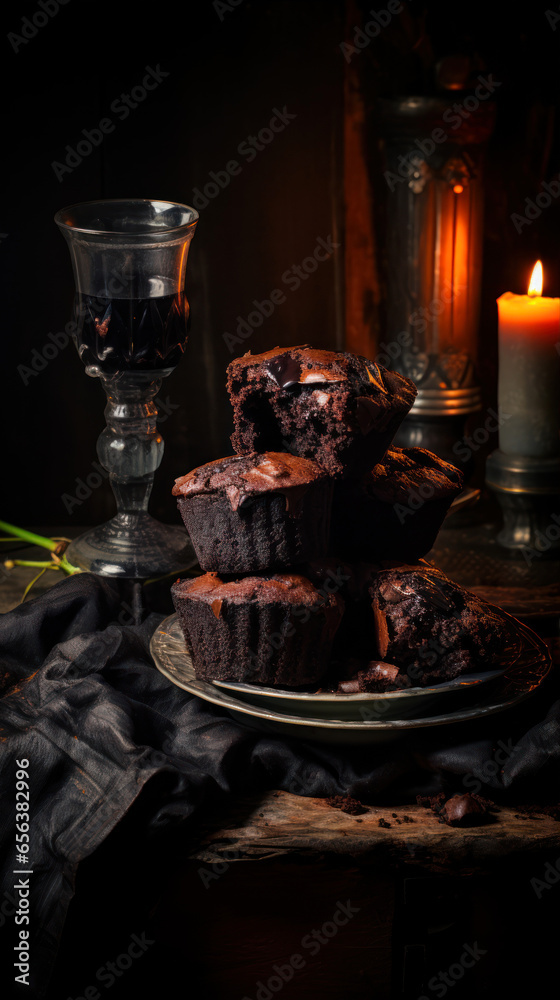 Chocolate muffins with a glass of red wine on a wooden table