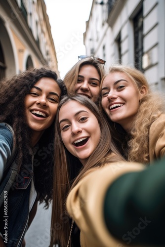 college, friends and student women in the street being silly for a selfie © Sergey