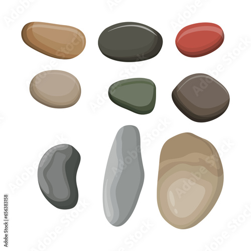 Vector illustration set of colorful pebbles in flat style. Small stones creative element in cartoon design. Beach, river, spa, garden smooth rocks. Modern calm and zen ilustration