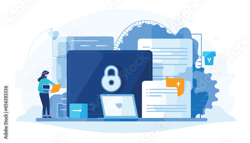 Data and account protection concept flat vector illustration, Password secure access on laptop computer, Cyber security for landing page, mobile app, template, web banner, infographics 3