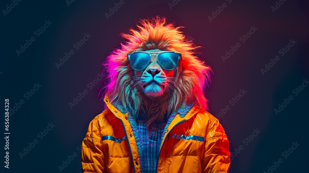 Lion standing, Pose in human clothes wearing orange jacket & shades on a dark background.