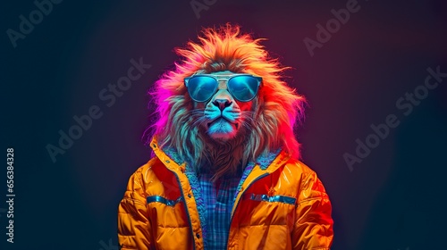 Lion standing, Pose in human clothes wearing orange jacket & shades on a dark background. © PixelXpert