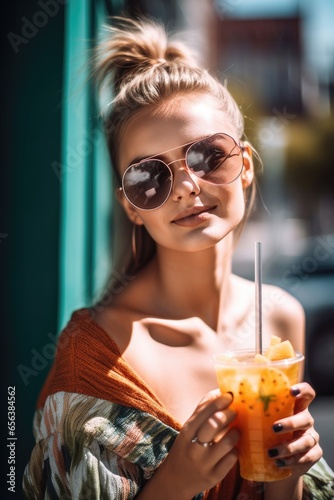 portrait of an attractive young woman enjoying a smoothie on a sunny day