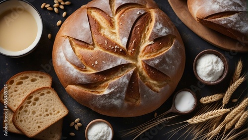 homemade sourdough bread with ingredients, above view