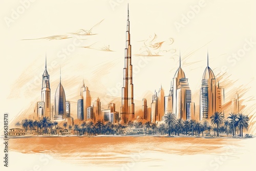 Dubai skyline sketch drawing. Poster design. Generative Ai