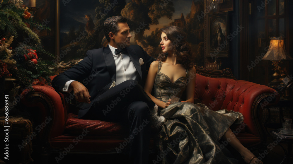 Obraz premium Magical Christmas Love: Intimate Couple Portrait. Generative AI