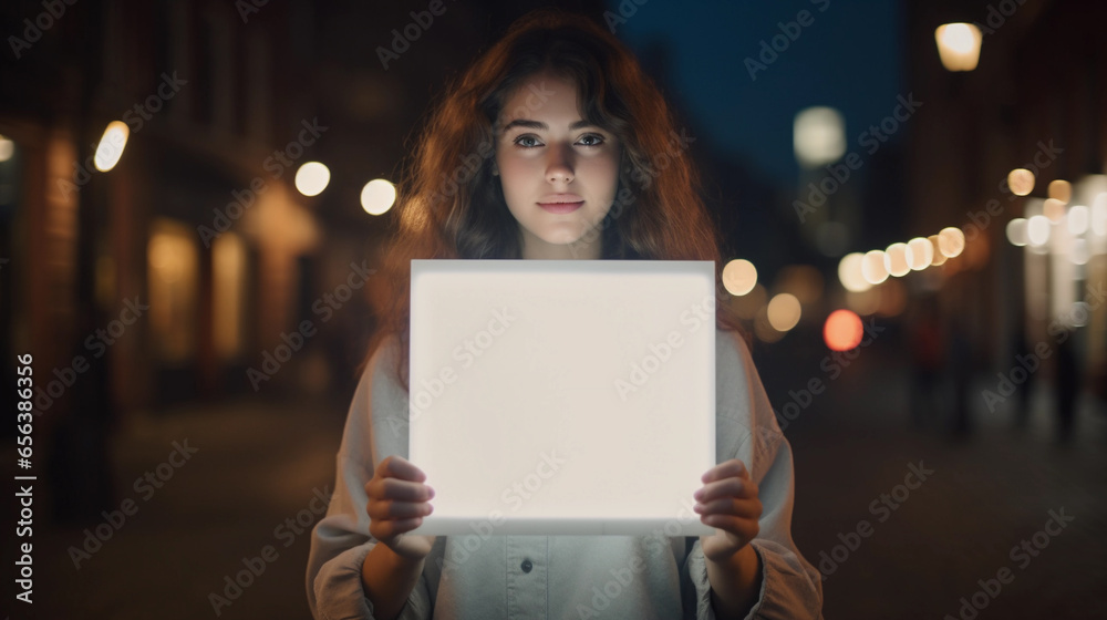 Adult Woman Shows a White Sheet of Paper on a Blurred Background. Mockup for advertising. Adult Woman Shows a White Sheet of Paper on a Blurred Background. Mockup for advertising.