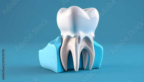 Dental model of premolar tooth, 3d rendering on blue backgroun. Generative Ai. photo