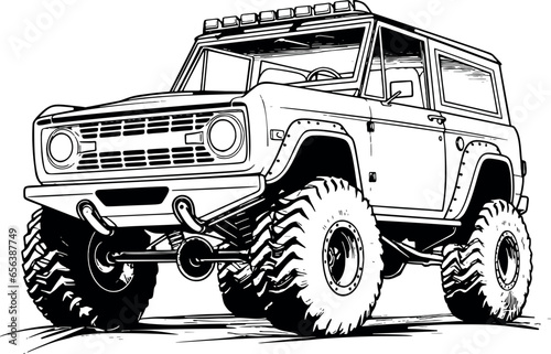 Hand-drawn black and white vector illustration of an off-road car, showcasing a rugged and adventurous style. Generative AI 