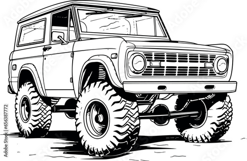 A hand-drawn black and white vector style image of an off-road car, showcasing its ruggedness and adventure spirit. Generative AI 