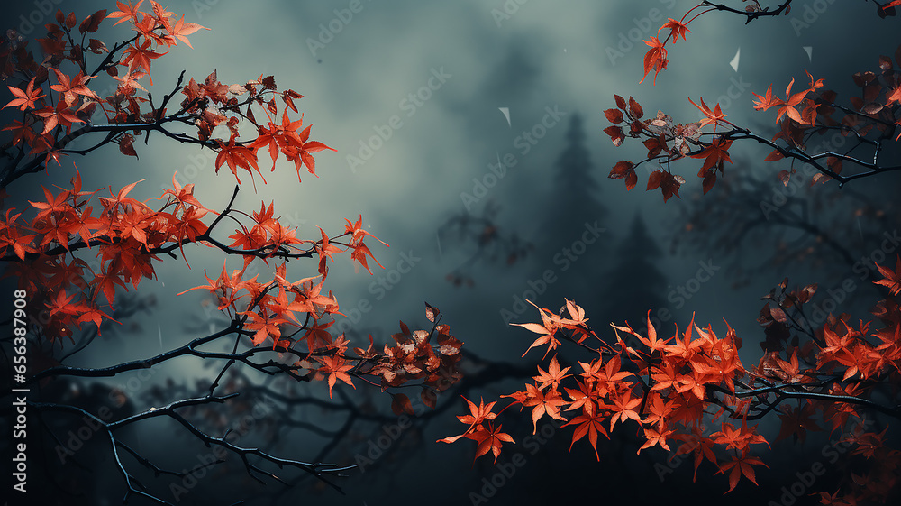 the branches and leaves of the Japanese red maple form an autumn text frame on a blurry cold blue background the branches and leaves of the Japanese red maple form an autumn text frame on a blurry cold blue background