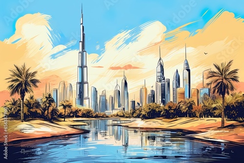 Dubai skyline sketch drawing. Poster design. Generative Ai