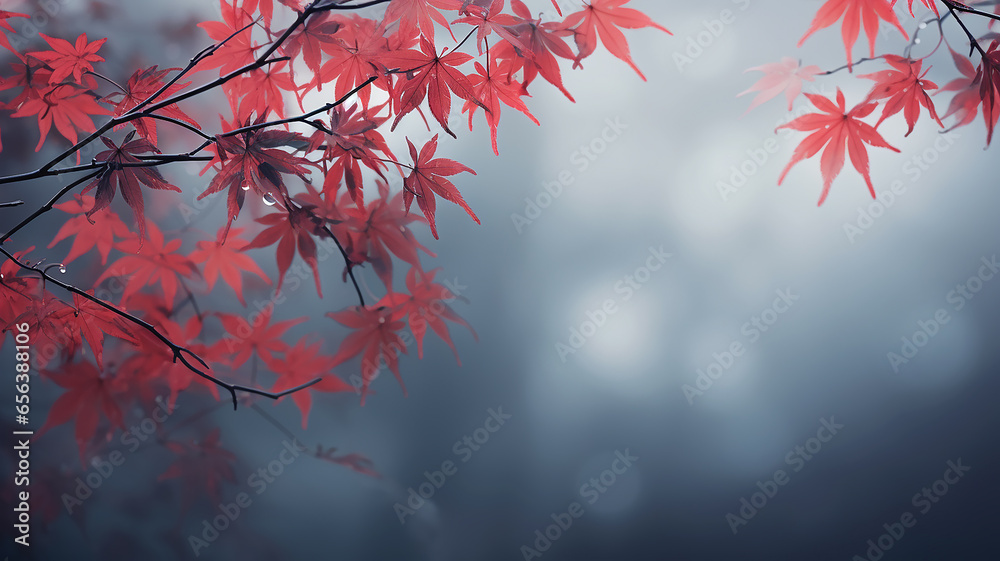 red japanese maple autumn rainy weather on gray blurred background red japanese maple autumn rainy weather on gray blurred background