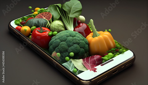 fresh vegetables on smartphone. online shopping food concept. 3d rendering. Generative Ai.