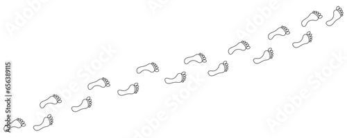 Human footprint in the snow. Path of human bare feet. Road of steps. Person walks barefoot. Step by step. Contour. Vector isolated on white. For print, textile, postcard, design, games, brochure