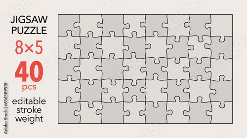 Empty jigsaw puzzle grid template, 8x5 shapes, 40 pieces. Separate matching irregularly elements. Flat vector illustration layout, every piece is a single shape.