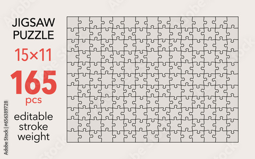 Empty jigsaw puzzle grid template, 15x11 shapes, 165 pieces. Separate matching irregularly elements. Flat vector illustration layout, every piece is a single shape.