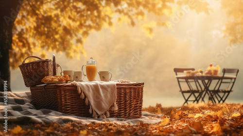 autumn landscape picnic in a sunny morning park picnic basket and walking fall