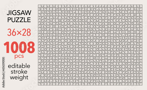 Empty jigsaw puzzle grid template, 36x28 shapes, 1008 pieces. Separate matching irregularly elements. Flat vector illustration layout, every piece is a single shape.