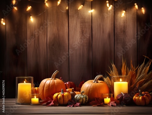 Beautiful fall holiday decorations, autumn decorative creative background with copy space in brown and orange colors, bokeh lights