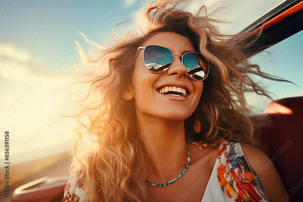 Young beautiful woman in an open top car. Car travel. Happy woman enjoy in convertible auto in summer trip holiday vacation. driving and having fun concept - obrazy, fototapety, plakaty 