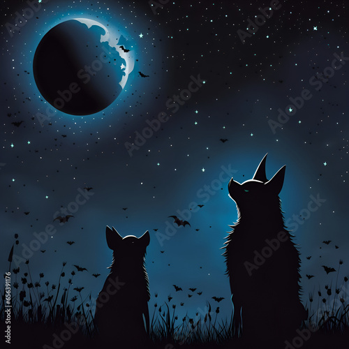 Silhouette of wolves under a full moon. Concept of Halloween. Digital illustration. CG Artwork Background