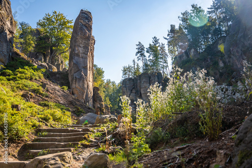Prachovske skaly in sun lights, Cesky raj sandstone cliffs in Bohemian Paradise, Czech Republic
