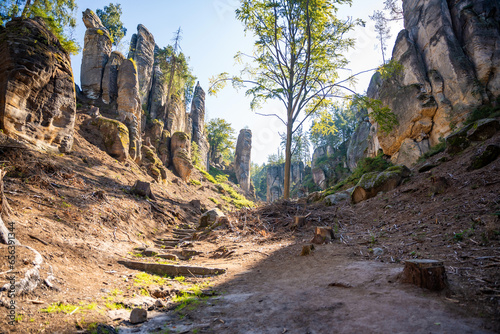 Prachovske skaly in sun lights, Cesky raj sandstone cliffs in Bohemian Paradise, Czech Republic photo