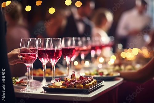 Waiters from catering service with wine glasses on the event. Buffet table celebration of wine tasting. Nightlife, celebration and entertainment concept. wide banner format photo