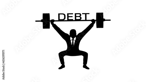 The concept of debt, challenges with loan payments or mortgages.Businessman lifts a barbell with the inscription debt.