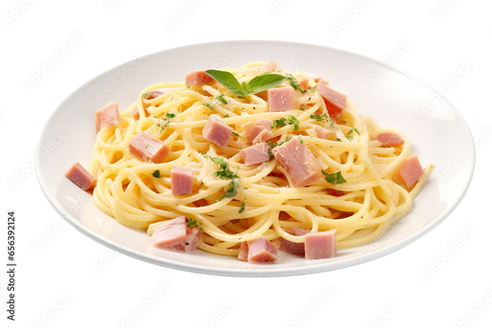 A plate of Cheesy Ham Pasta Isolated on a White Background PNG