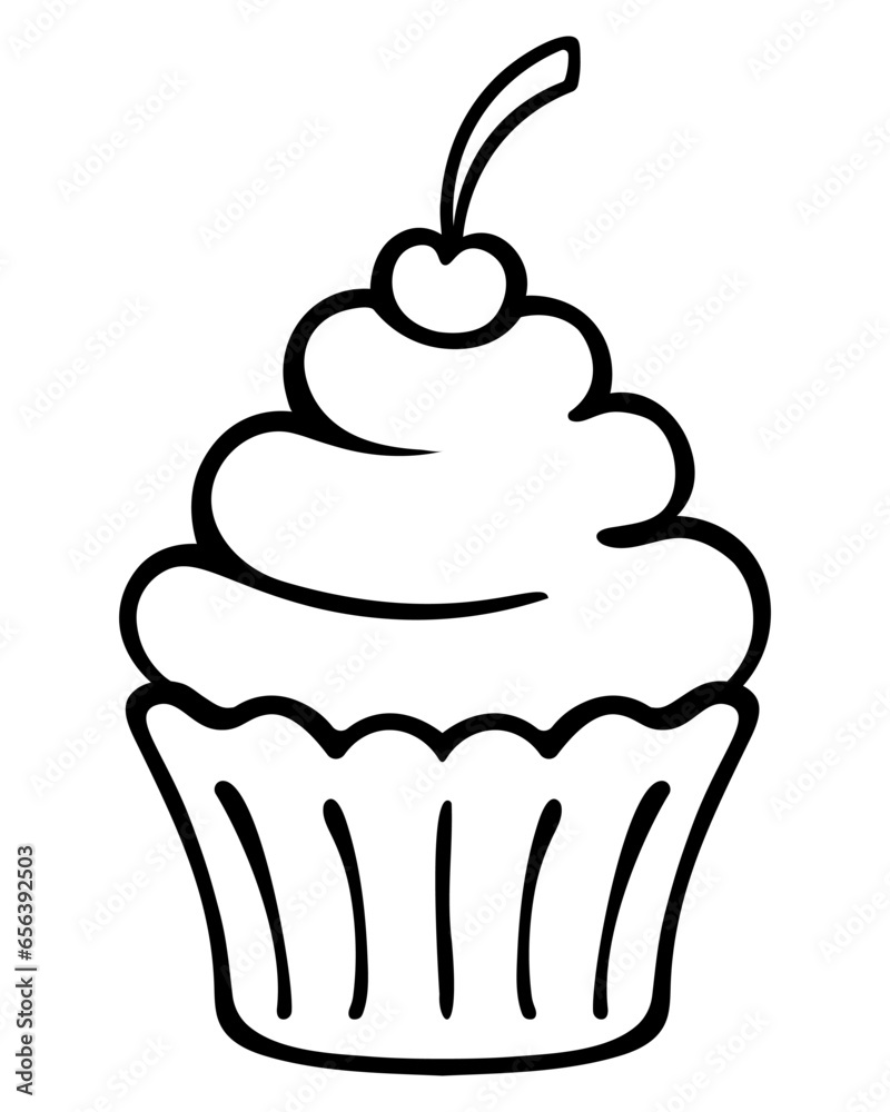 Festive cake in a mold. Sketch. Cherry berries on top of the cake. Vector illustration. Coloring book. Dessert for a birthday. Doodle style. Festive cake in a mold. Sketch. Cherry berries on top of the cake. Vector illustration. Coloring book. Dessert for a birthday. Doodle style.