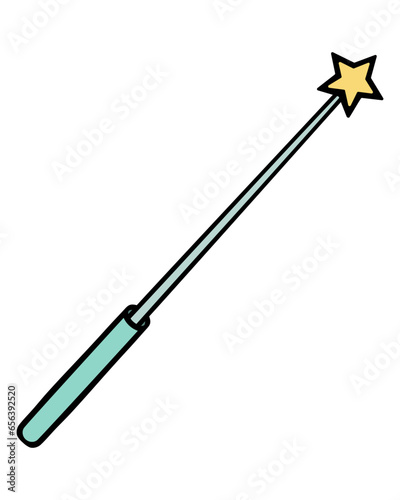 Magic wand. A green wand with a yellow star on the end. A tool to create a wonderful atmosphere. Color vector illustration. Cartoon style. Isolated background. Idea for web design.