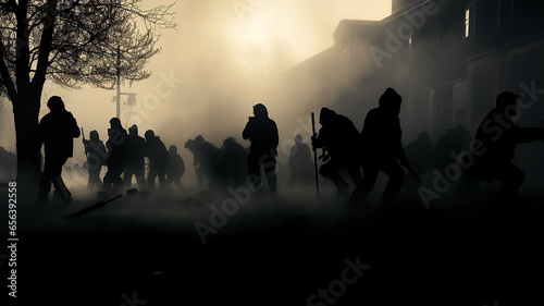 silhouettes of the crowd in the smoke on the street revolution riot. © kichigin19
