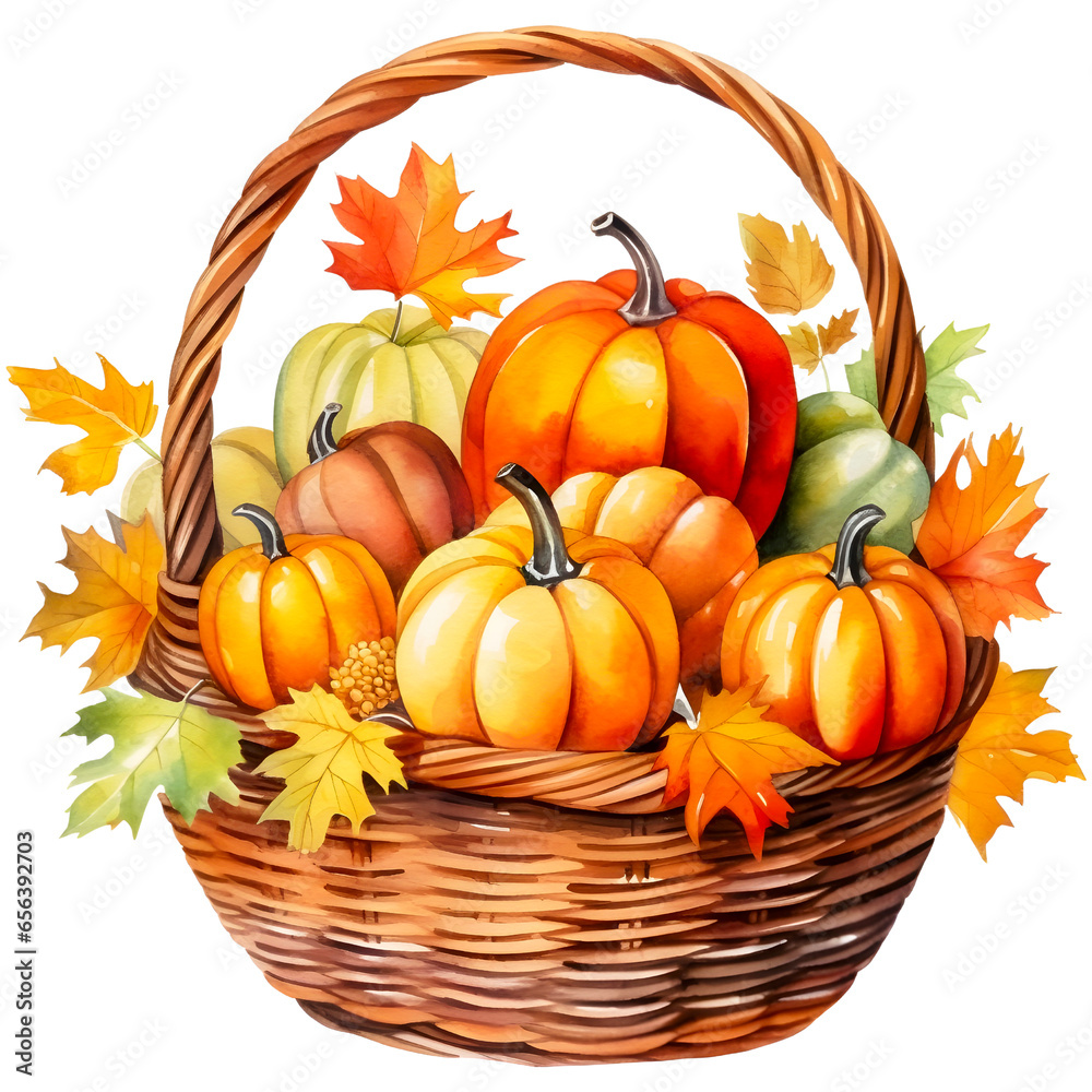Fall pumpkin basket watercolor design with transparent background, PNG illustration Fall pumpkin basket watercolor design with transparent background, PNG illustration