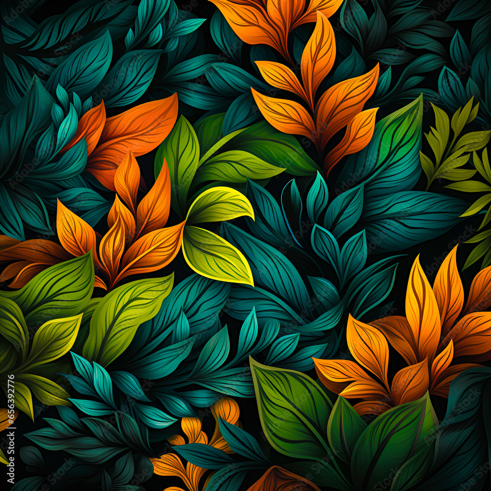 abstract pattern of leaves of various types and various colors