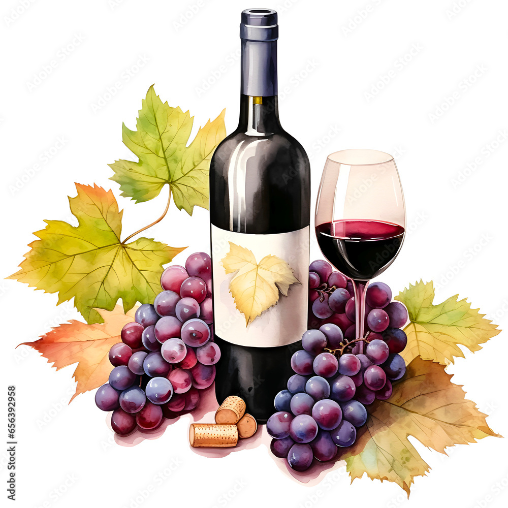 Red grape and wine watercolor design with transparent background, PNG illustration