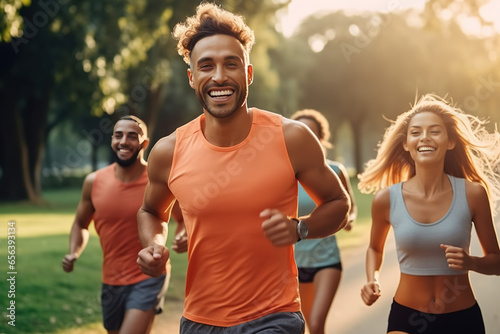 Running exercise fitness friends walking running talking together on fun race in city park panoramic banner background. Healthy active lifestyle, young people,