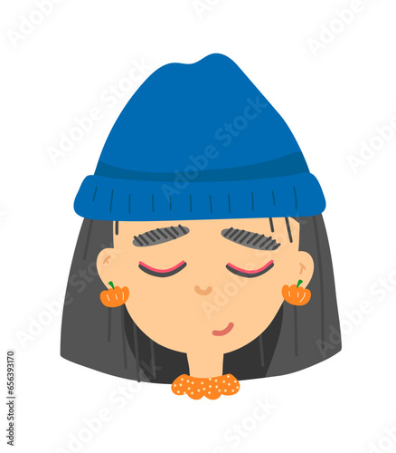 Cartoon illustration of a brunette girl. avatar Cute girl in a hat