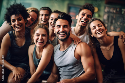 Fitness, laughing and friends at the gym for training, pilates class and happy for exercise at a club. Smile, sport in a group for a workout, cardio or yoga on a studio wall,