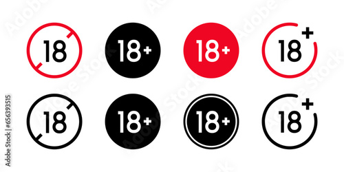 Warnings under 18, red black white badges. Adult content age only icon..Set of age restriction signs. Mark the age limit. illustration photo